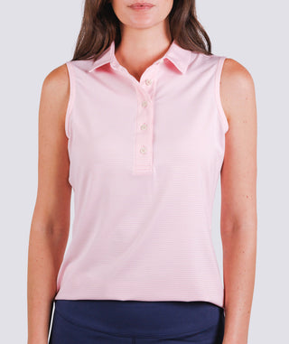 Cara Stripe Performance Polo Sleeveless- on body - Retro Pink - Turtleson